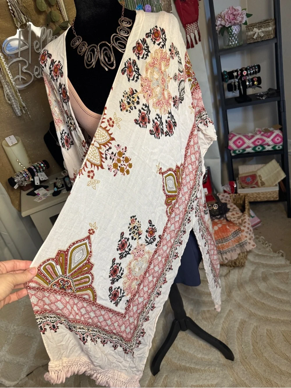 Altar'd State Blush and Ivory Floral Fringe Kimono